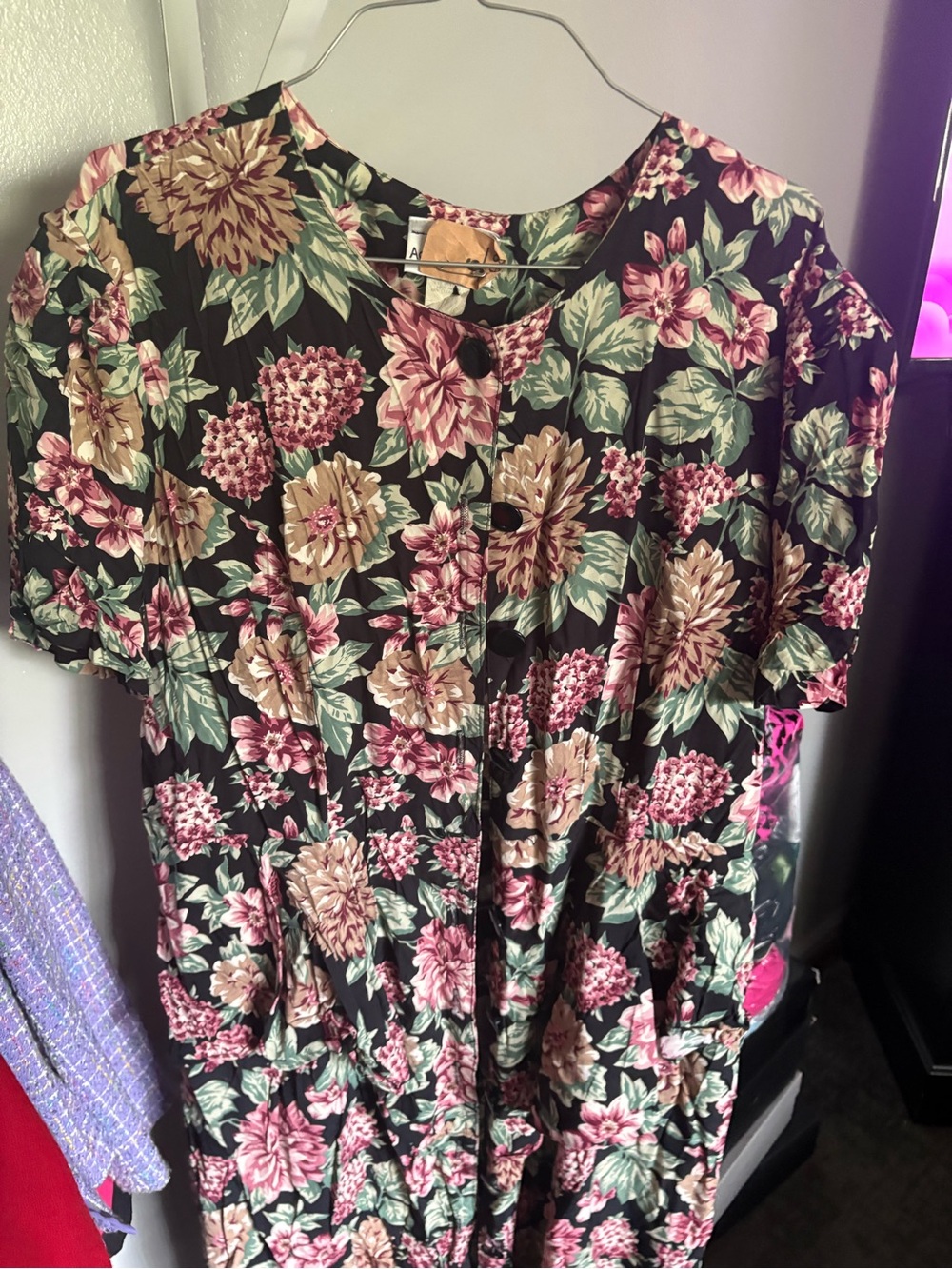Button-Front Floral Women’s Blouse Dress - Black with Pink & Green Floral